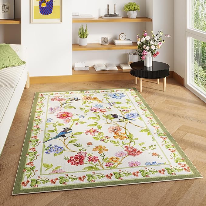 Area Rug 4x6 Rug Washable Floral Bird Magpies Rugs Non Slip Low Pile Floral Animal Small Carpet for Bedroom, Bedside, Kids Room, Office, Dining Room (White)