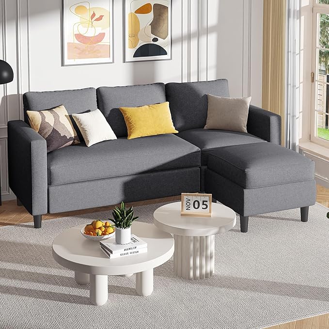 Shintenchi Small Sectional Couch Sofas, L Shape Sofa with Ottoman, Fabric Upholstered Convertible Sofa Couches, Small Couch for Apartments, Living Room and Office (Dark Grey)