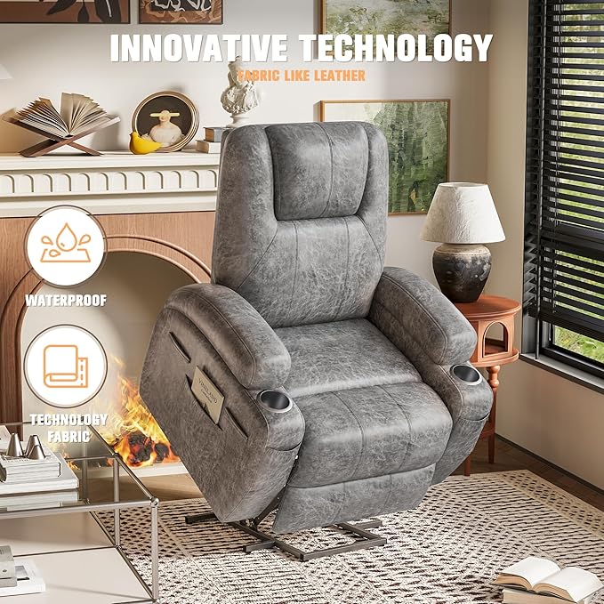 Flamaker Power Lift Chair with Vibration Massage Luxurious Leathaire Fabric Electric Lift Recliner for Elderly Power Lift Recliner Chair with Cup Holders Side Pockets for Living Room (Light Gray)