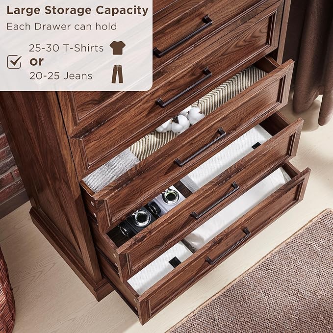 Farmhouse 5 Drawers Dresser Chests for Bedroom,46" Tall Wood Rustic Chest of Drawers with Wide Metal Handle,Natural Texture,Drawer Organizer for Bedroom,Living Room,Hallway and Entryway,Brown