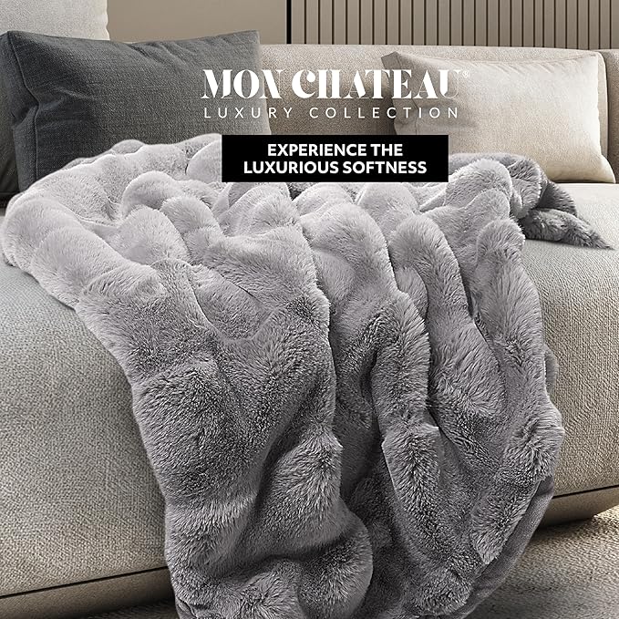 Mon Chateau 60" x 70" Faux Fur Throw Blanket - Reversible Soft Blanket for Queen-Size Bed, Couch, or Sofa, Cozy Home Decor and Stylish Living Room Comfort in Grey