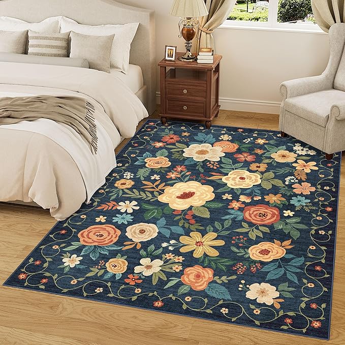 DUKINO 8x10 Area Rug, Floral Rugs for Living Room, Lightweight Non Slip Washable Rug, Indoor Low Pile & Non-Shedding Boho Design Rugs for Bedroom, Living Room, Dining Room, Dark Blue