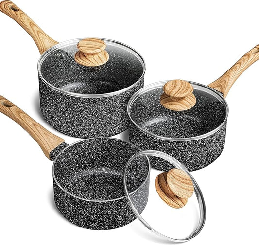 MICHELANGELO Saucepan Set with Lid, Nonstick Sauce Pan with Lid 1QT, 2QT & 3QT, Stone Saucepan Sets, Small Sauce Pot with Lid, Granite Sauce pan 3 Piece, Sauce Pots, Black
