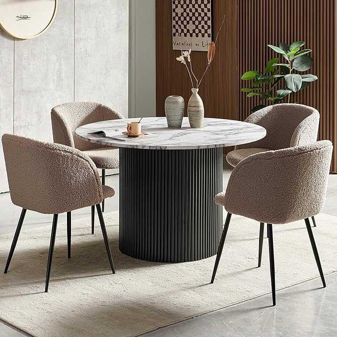 47" Round Kitchen Dining Table Set for 4, Two-Part White Marble Tabletop with Wood Strips, Industrial Home Kitchen Table Set with Brown Sherpa Barrel Dining Accent Side Chairs Comfy