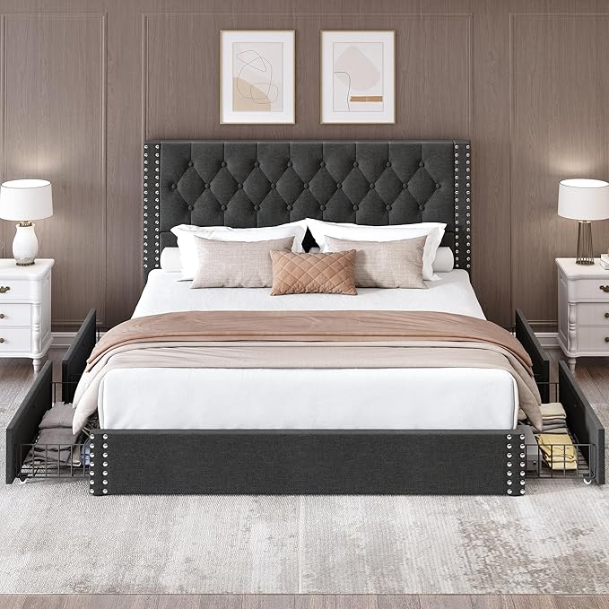 King Size Bed Frame with 4 Storage Drawers and Tufted Headboard Linen Upholstered Platform Bed Frame with Heavy Duty Wood Slats, No Box Spring Needed, Easy Assembly, Grey