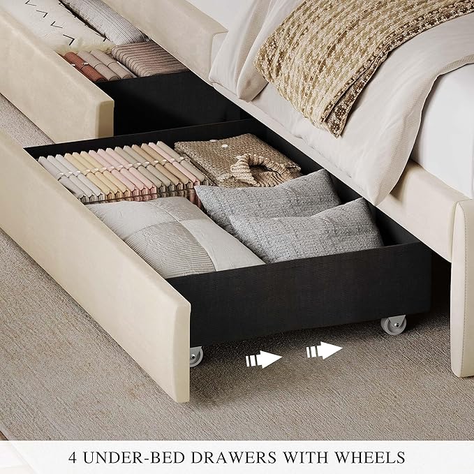YITAHOME Full Size Bed Frame with Adjustable Headboard, 4 Storage Drawers and Charging Station, Velvet Upholstered Bed Frame with Button Tufted, No Box Spring Needed, Fast Assembly, Noise-Free, Beige