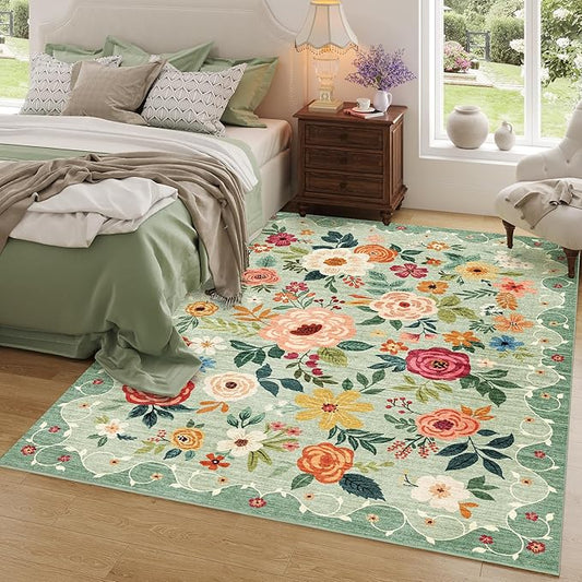 DUKINO 5x7 Area Rug, Floral Rugs for Living Room, Lightweight Non Slip Washable Rug, Indoor Low Pile & Non-Shedding Boho Design Rugs for Bedroom, Living Room, Dining Room, Green