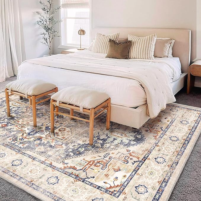 Washable Area Rug 9'x12' Blue Khaki Retro Flowers Boho Design Non-Shedding Easy Care Ideal for High Traffic Areas in Living Room Bedroom Office Coffee Table Kitchen Large Carpet