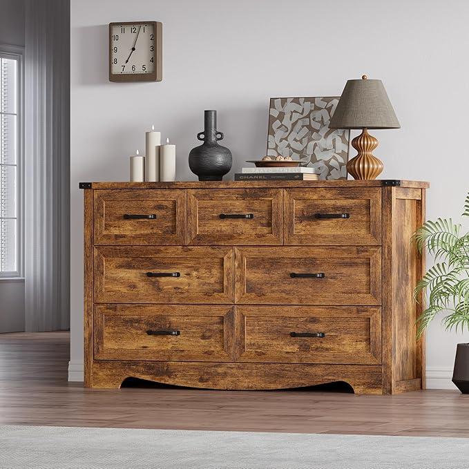 7-Drawer Dresser for Bedroom – 47" Wide Modern Wooden Chest with Natural Wood Texture, TV Stand & Storage, Metal Corner Brackets, Wood Drawer Organizer for Living Room, Hallway