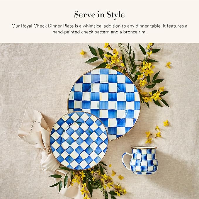 MACKENZIE-CHILDS Enamel Dinner Plate, Decorative Dinnerware Plate, 10 Inches, Set of 4, Blue-and-White Royal Check