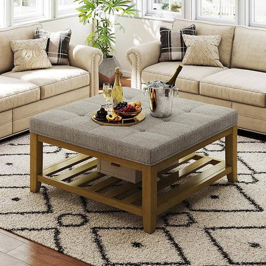 Large Square Ottoman Coffee Table, Linen Solid Upholstered Footrest Ottoman with Solid Wood Shelf Storage Tufted Coffee Table for Bedroom Living Room, Linen