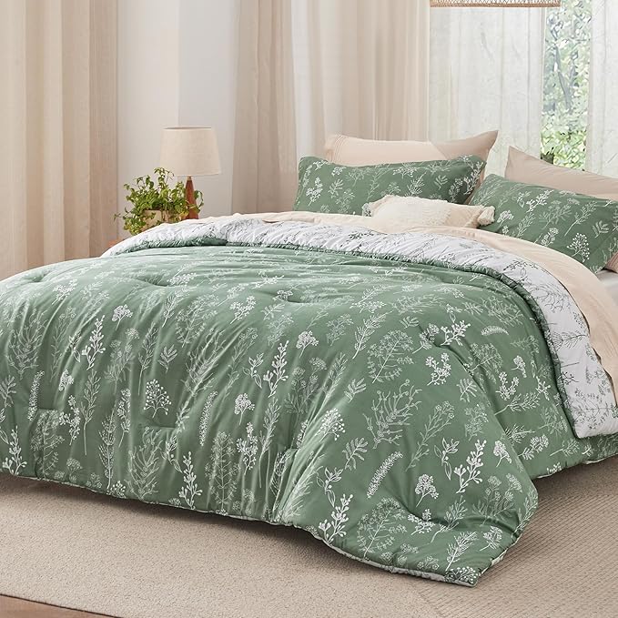 Bedsure Full Comforter Set - Green Bed Set, 3 Pieces Cute Floral Bedding, 1 Soft Reversible Botanical Flowers Comforter and 2 Pillow Shams