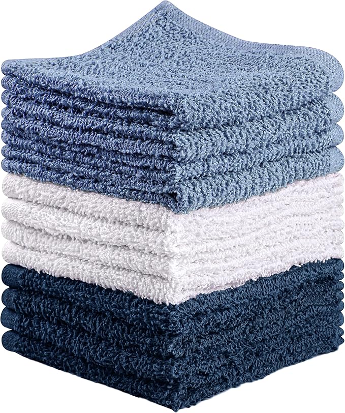Towel and Linen Mart 100% Cotton - Wash Cloth Set - Flannel Face Cloths, Highly Absorbent and Soft Feel Fingertip Towels (Navy, White & Sky Blue, Pack of 12)