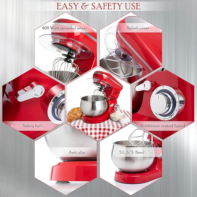 Moss & Stone Stand Mixer, 6 Speed Electric Mixer With 5.5 Quart Stainless Steel Mixing Bowl, Red Body Kitchen Mixer With Dough Hook, Whisk, Beater & Baking Spatula, Classic Food Mixer