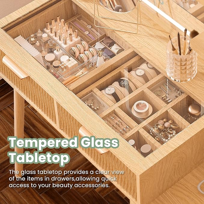 Fluted Vanity Desk with Mirror and Lights, 5 Drawers Glass Top Makeup Vanity with 10 Storage and 9-Grid Organizer, 3 Color Clear Glass Door Dressing Table with Charging Station, Natural Oak