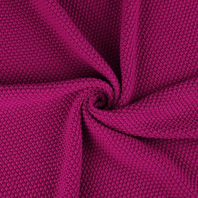 PiccoCasa 100% Cotton Knit Throw Blanket,Solid Lightweight Decorative Throws and Blankets,Soft Knitted Throw Blanket for Sofa Couch, Fuchsia 50" x 60"