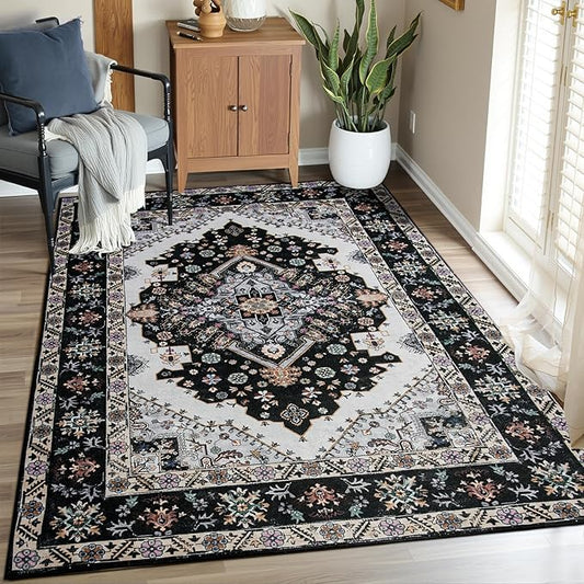 Vintage Area Rug 5x8 Rugs, Machine Washable Rug Non-Slip Low Pile Large Rug for Living Room, Bedroom, Farmhouse, Dining Room, Black