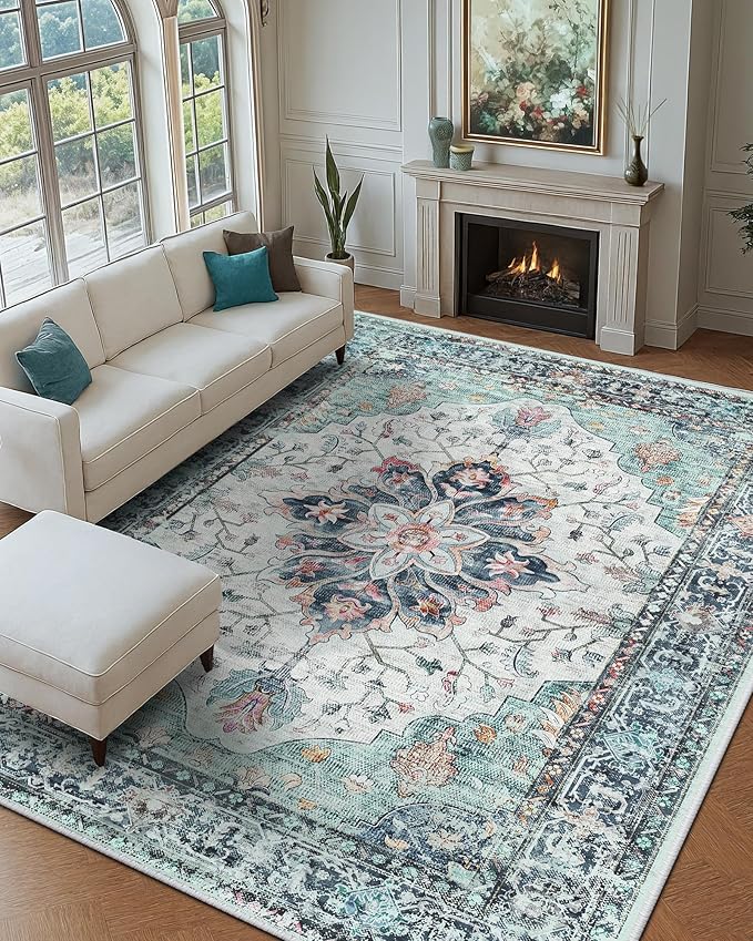 Area Rugs 6'x9' Washable Non-Slip, Floral Vintage Distress Print Pattern Medallion Carpet for Living Room Bedroom Dining Room, Green Navy Blue White Red Teal Colorful