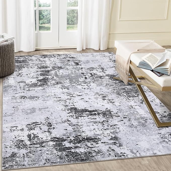 8x10 Modern Abstract Rug Faux Wool Accent Ultra Soft Machine Washable Rug Non Slip Non Shedding for Bedroom Dining Room Office Home, Grey