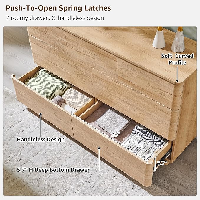 Modern 7 Drawer Dresser for Bedroom, 52" Wide Handleless Chest of Drawers, Large Push-to-Open Wood Storage w/Curved Profile, Dresser TV Stand for Bedroom, Living Room, Hallway, Natural Oak