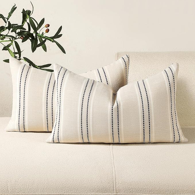 Hckot Throw Pillow Covers 12x20 Set of 2 Striped Pillow Covers Textured Linen Decorative Pillows Lumbar Cushion Covers for Sofa Couch Bed Living Room Farmhouse Decor, Navy