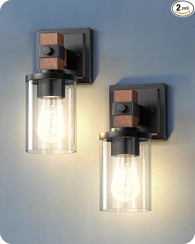 EDISHINE Wall Sconces Set of 2, Farmhouse Vanity Lights Fixtures for Bathroom, 1-Light Faux Wood Rustic Bath Wall Mount Lamp with Clear Glass Shade for Hallway, Living Room, Mirror, Kitchen