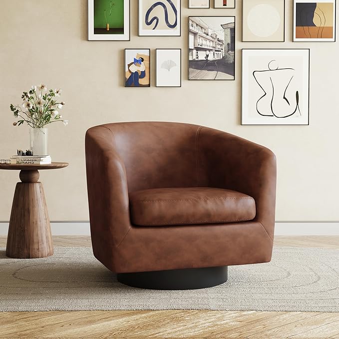 UIXE 360° Swivel Barrel Accent Chair Armchair, PU Leather Round Club Arm Chair for Lving Room, Modern Upholstered Small Bedroom Single Sofa Seat - Coffee Brown, Set of 1