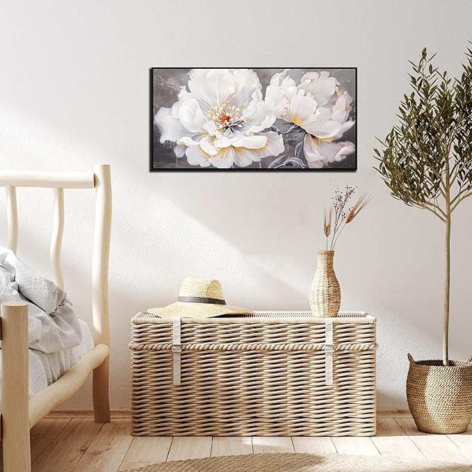 Flower Canvas Wall Art for Living Room - Modern White Wall Art for Bedroom - Black Framed Wall Art Size 20" x 40"