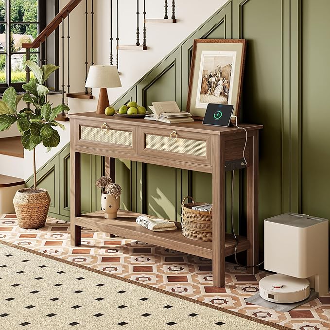 SUPERJARE Rattan Console Sofa Table with Outlets and USB-C Port, 2 Drawer Entryway Table with Synthetic Rattan Surface, 39 Inch, Open Shelf, Behind Couch Entry Foyer Hallway Storage, Brown
