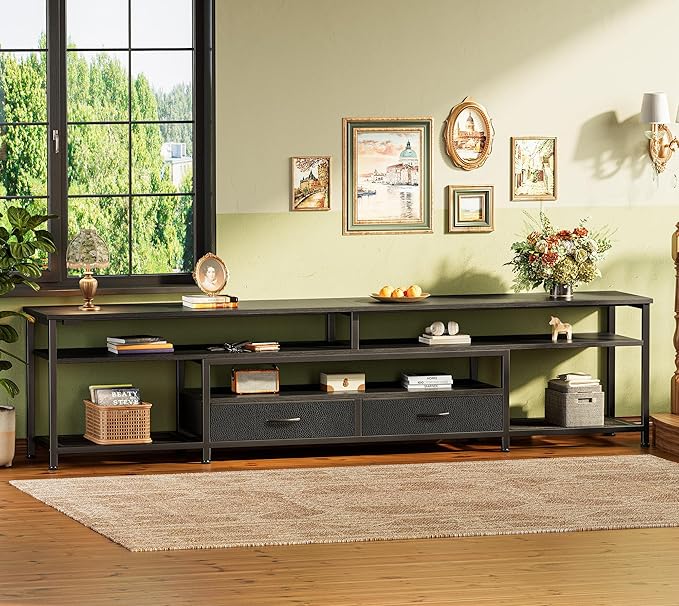 Huuger 79 Inch TV Stand for 85, 90 Inch TV, Entertainment Center with LED Lights and Power Outlets, TV Console with Drawers, Shelves, Type C, PU Leather Surface, for Living Room, Black