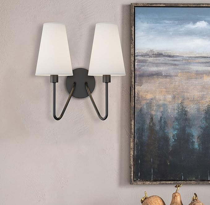 Electro bp;Double Head Classic 2 Lights Wall Sconces Lighting Fixture Black with Cream White Linen Fabric Lamp Shades E12 80W Hardwired;
