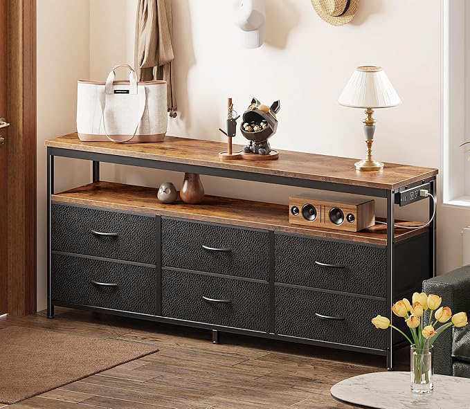 Huuger LED TV Stand for Bedroom, 55 Inch Fabric Dresser with Power Outlets, Entertainment Center for 60, 55 Inch TV, 6 Drawer Dresser for Bedroom, Chest of Drawers with Shlef, PU Leather, Rustic Brown