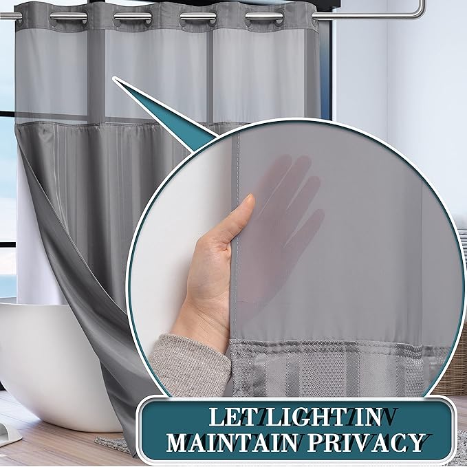 Conbo Mio No Hook Waffle Weave Shower Curtain with Snap in Liner Set, Hotel Luxury Grey Shower Curtains for Bathroom with See Through Top Window, Waterproof, Washable 71W x 74H Stripe