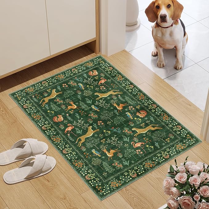 DUKINO 2x3 Rug, Washable Animal Rugs for Entryway, Non Slip Indoor Door Mat, Soft Low Pile Small Area Carpet for Entrance, Bedroom, Kitchen, Laundry, Bathroom, Green