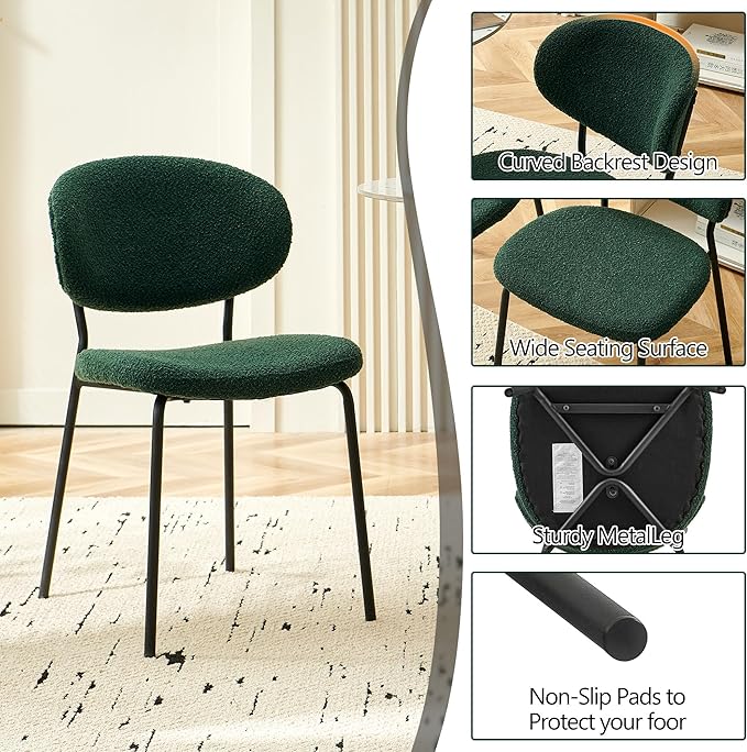5-Pieces Kitchen Dining Table Set for 4, Grey Round Table MDF with 4 Metal Hooks for Hanging, Modern Dining Room Table Set with 4 Seated Green Boucle Dining Chairs for Dining Room, Cafe