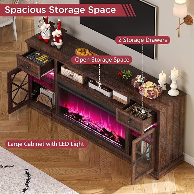 Farmhouse 70" Fireplace TV Stand with 37" Electric Fireplace, Large LED Entertainment Center with Storage for 80" TVs, TV Console Cabinet with Diamond Door for Living Room, Brown