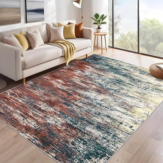 Washable Rug 5x7 Abstract Area Rug for Living Room, Non Slip Foldable Soft Rugs for Bedroom, Stain Resistant Rugs Modern Fuzzy Rug, Indoor Floor Carpet for Entryway Home, Red Multi