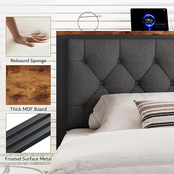 iPormis King Bed Frame with 2 Storage Drawers, Linen Upholstered Headboard Platform Bed with Charging Station, No Box Spring Needed, Metal Slats Support, Noise-Free, Easy Assembly, Grey