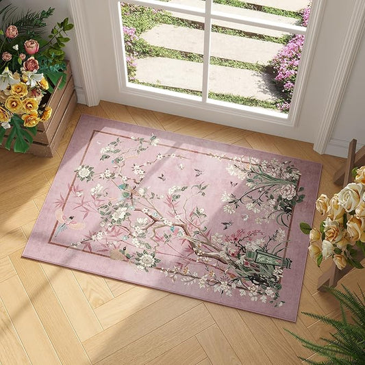 Door Mat Indoor Entrance 2x3 Rug Chinoiserie-Style Floral Vintage Machine Washable Small Area Rug Non-Slip Low Pile Throw Rugs for Entryway, Kitchen, Front Door, Entry, Kids Room, Pink