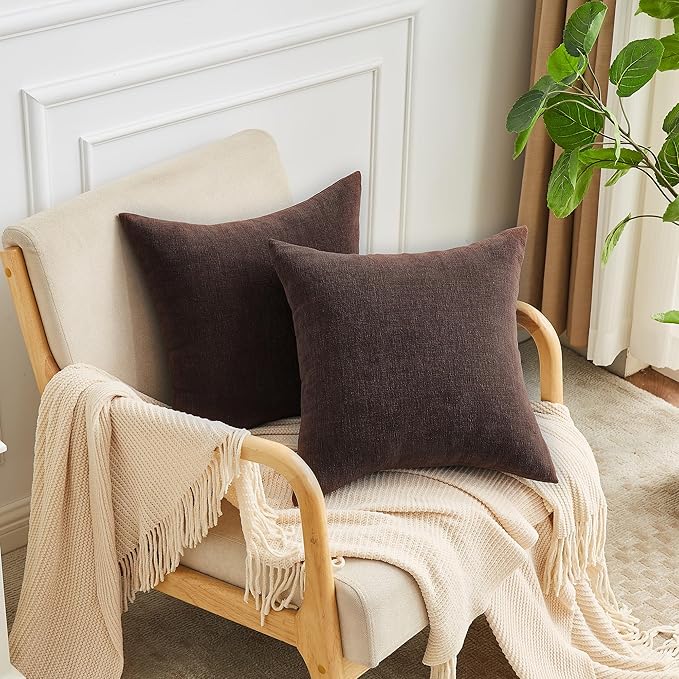 GAWAMAY Decorative Square 16x16 Inch Throw Pillow Covers Set of 2, Super Soft Chenille Pillows Farmhouse Fall Pillowcase for Living Room Bedroom Sofa Couch Cushion Cover Coffee 40x40cm (No Inserts)