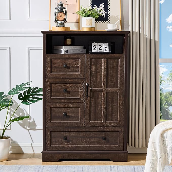 4+1 Cherry Dresser for Bedroom, Chest of Drawers for Bedroom with Wooden Drawers and Cross Door, Wood Dressers Storage TV Stand for Bedroom, Living Room