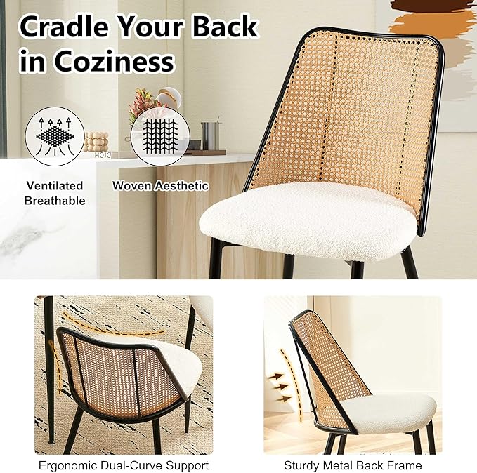 Dining Chairs Set of 2, Modern Mid Century Rattan Accent Chairs Curved Backrest Kitchen Side Chairs Woven Living Room Chairs Upholstered Boucle for Small Spaces, Apartment