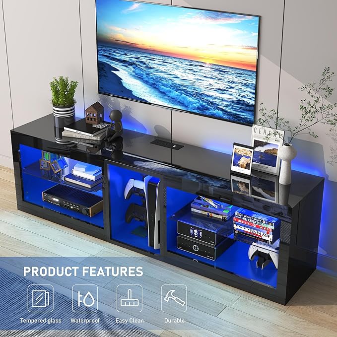 Vinctik 6&Fox LED TV Stands w/Power Outlet,60,00-Colors Lighting for 60 65in TV, 55" Modern High Gloss Entertainment Center,TV Console W/Adjustable Glass Shelves for Living Room Game Bedroom (Black)