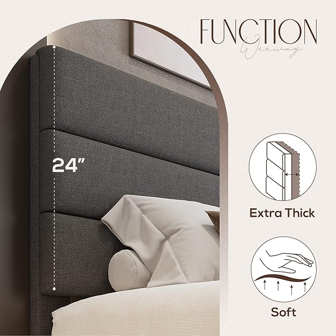 WEEWAY King Bed Frame Platform Bed with Linen Fabric Upholstered Headboard and Wooden Slats Support, Heavy Duty Mattress Foundation, No Box Spring Needed, Easy Assembly, Dark Grey