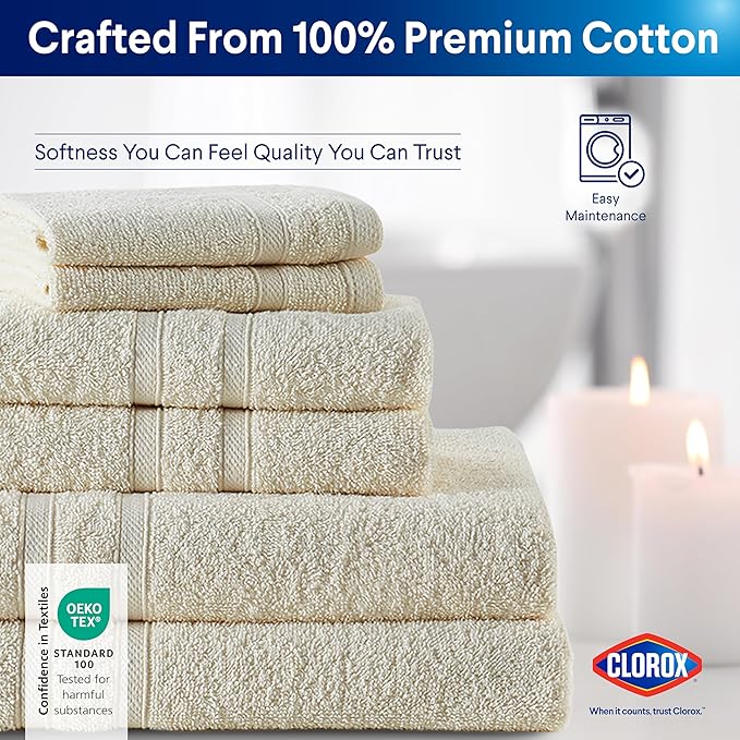 CLOROX Bleach Friendly, Quick Dry, 100% Cotton Washcloths (12" x 12"), Highly Absorbent Soft Lightweight, Ideal for Everyday Use, Easy to Wash (12 Pack, Ivory)