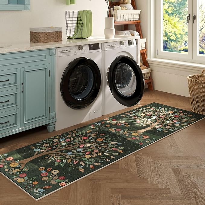 Runner Rug for Kitchen Rug Non Slip 2'x6' Washable Rugs Floral Tree with Rubber Backing Bohemian Soft Carpet Runner for Kitchen, Laundry, Bedroom, Bathroom, Green