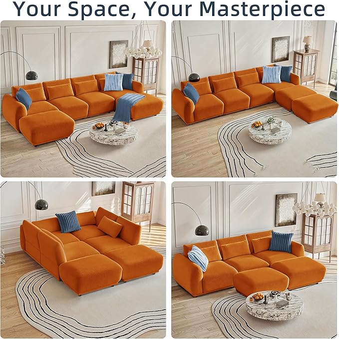 Sectional Sofa Couch, Modern Convertible U Shaped Sectional Couch with Ottoman, Modular Sectional Sofa Cloud Couches for Living Room (Orange, 4 Set + 2 Ottoman)