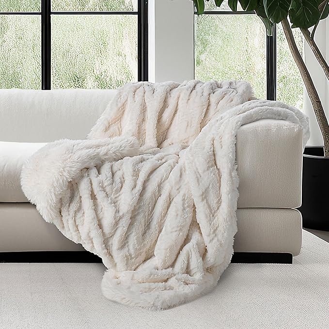Mon Chateau Premium Reversible Queen Size Luxury Faux Fur Throw for Couch, Sofa, or Queen Size Bed - Plush Cozy Soft Blanket for Sleeping or Home Décor, 60" x 70" (Ivory Jacquard)