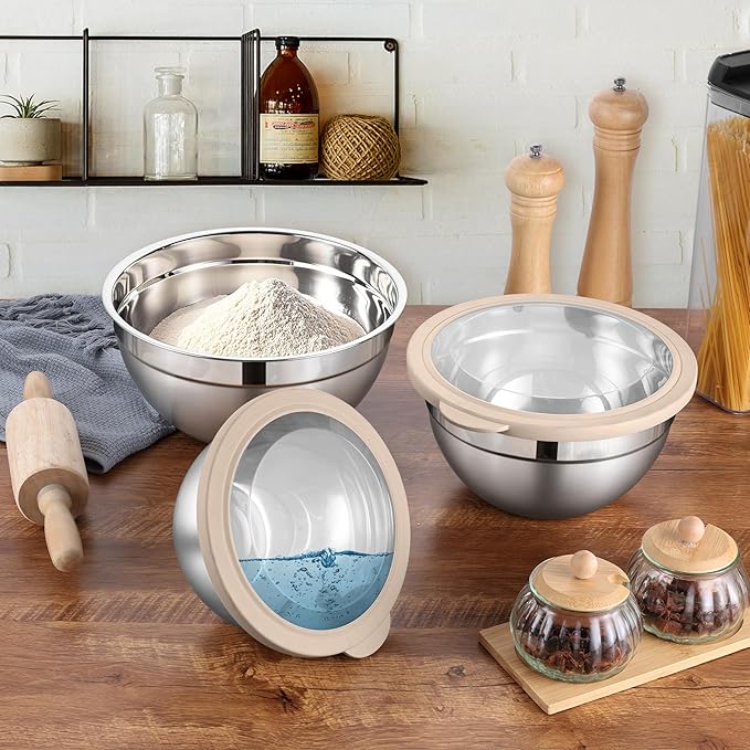 LIANYU Mixing Bowls with Visible Airtight Lids, 3Pcs Stainless Steel Large Metal Nesting Kitchen Bowls Set, 4.6 & 3 & 1.5QT Size Ideal for Mixing, Baking, Serving, Dishwasher & Freezer Safe, Khaki