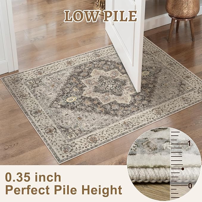 Tangsoo Washable Rug 4x6 Area Rug, Vintage Rug Indoor for Living Room, Non Slip Machine Washable Large Rugs, Soft Print Distressed Brown/Grey Farmhouse Carpet for Bedroom Dining Room Dorm Office